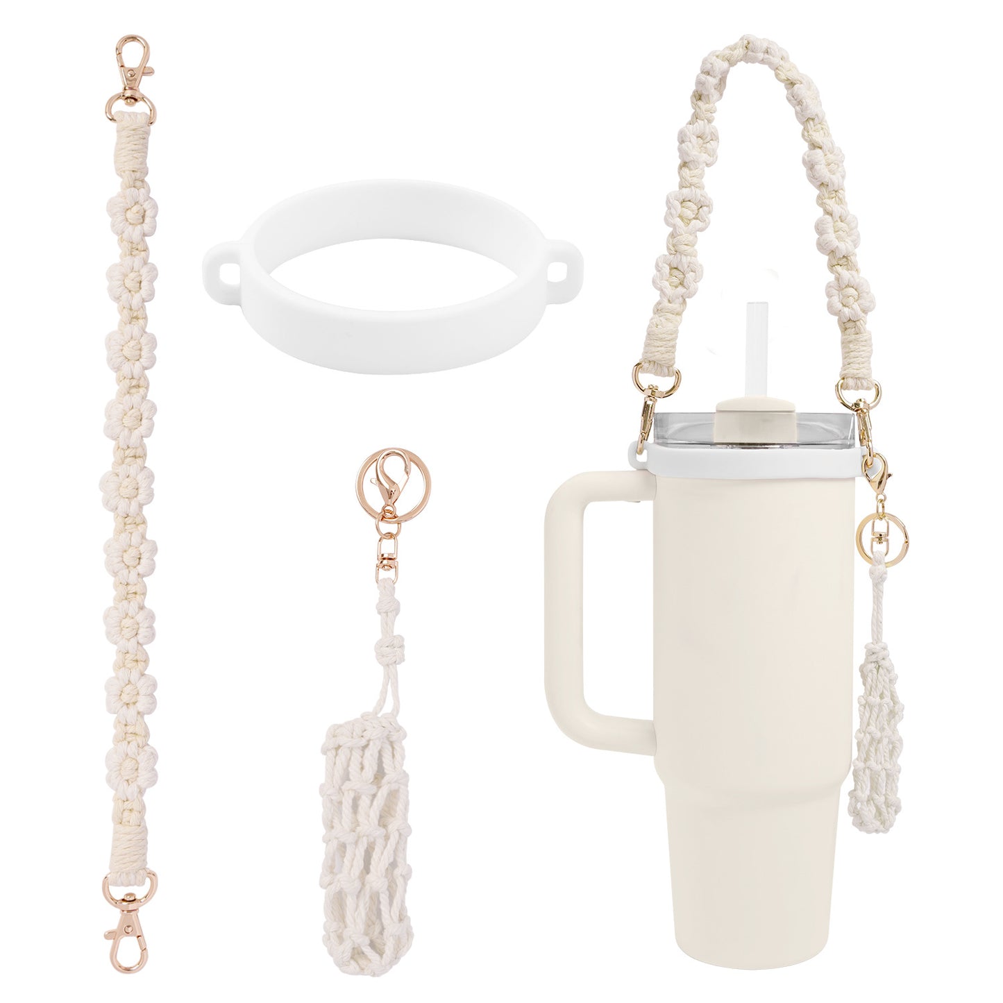 Boho Daisy Cup Handle Strap Set – 3PCS Handwoven Cotton Accessories
