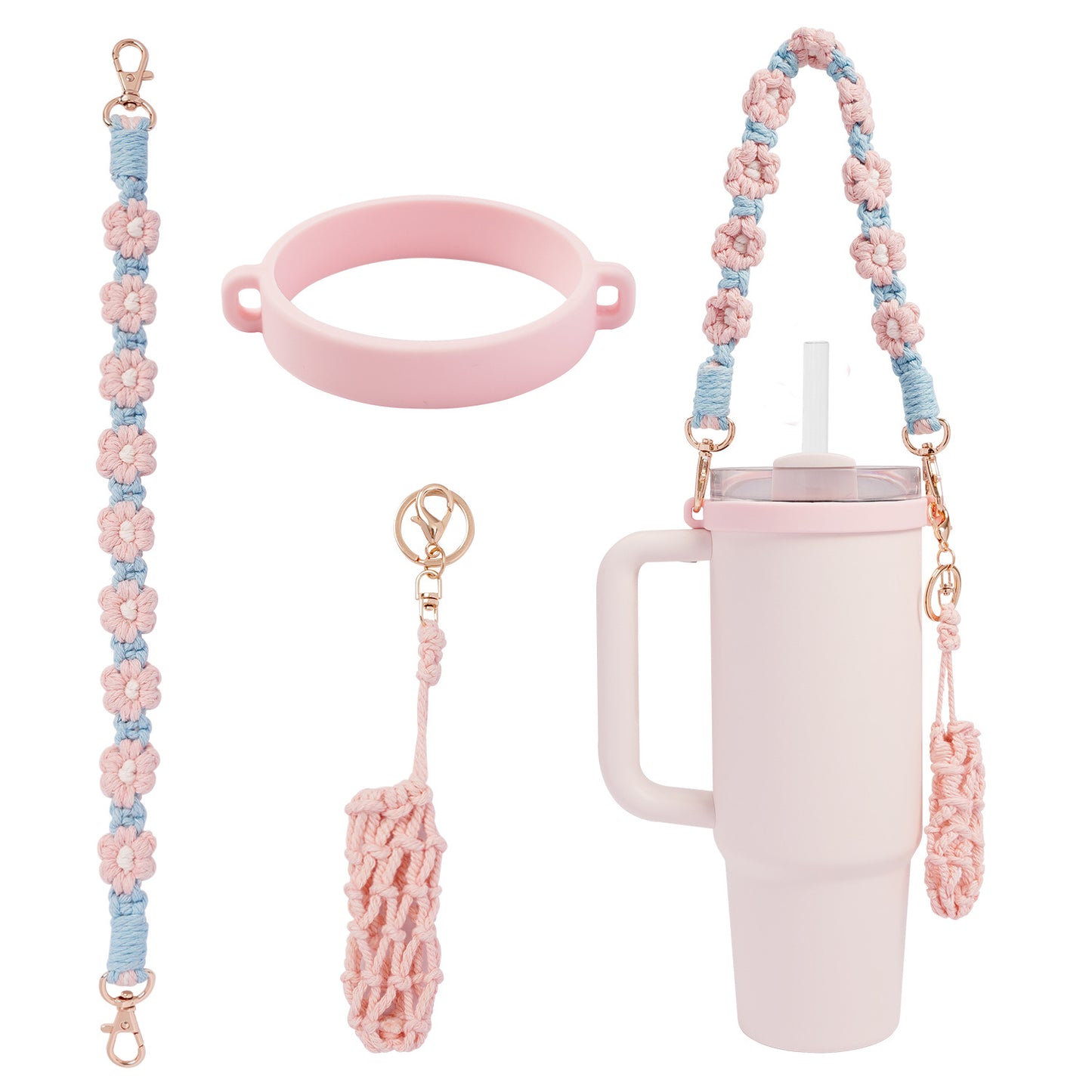 Boho Daisy Cup Handle Strap Set – 3PCS Handwoven Cotton Accessories